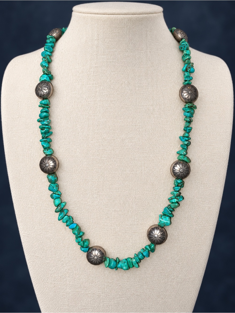 Hand crafted Turquoise Chip Necklace with Concho Accents - Turquoise toggle